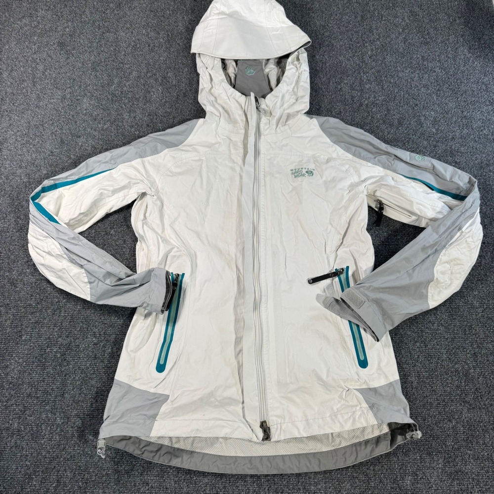 Mountain Hardwear Womens Medium White Grey Hooded Rain Jacket Shell Pit Zips